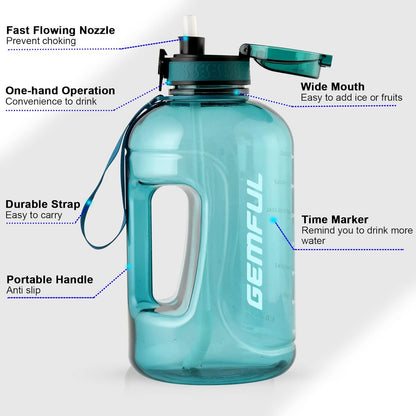 GEMFUL 3L Water Bottle with Measurements & Straw 100oz Leakproof Jug (Grey) | BPA Free, Time Marker, Wide Mouth, Sturdy Handle for Carry, for Gym, Fitness, Hiking, Office, Wome, Men