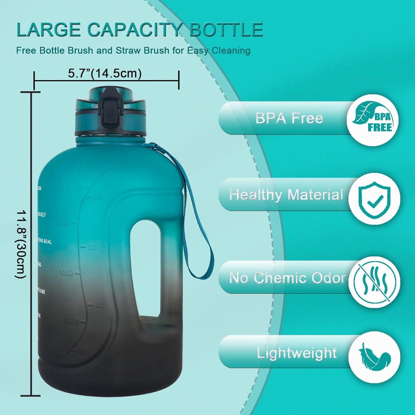 GEMFUL 3L Water Bottle with Measurements & Straw 100oz Leakproof Jug (Grey) | BPA Free, Time Marker, Wide Mouth, Sturdy Handle for Carry, for Gym, Fitness, Hiking, Office, Wome, Men