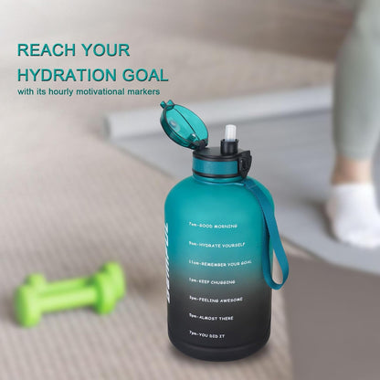 GEMFUL 3L Water Bottle with Measurements & Straw 100oz Leakproof Jug (Grey) | BPA Free, Time Marker, Wide Mouth, Sturdy Handle for Carry, for Gym, Fitness, Hiking, Office, Wome, Men