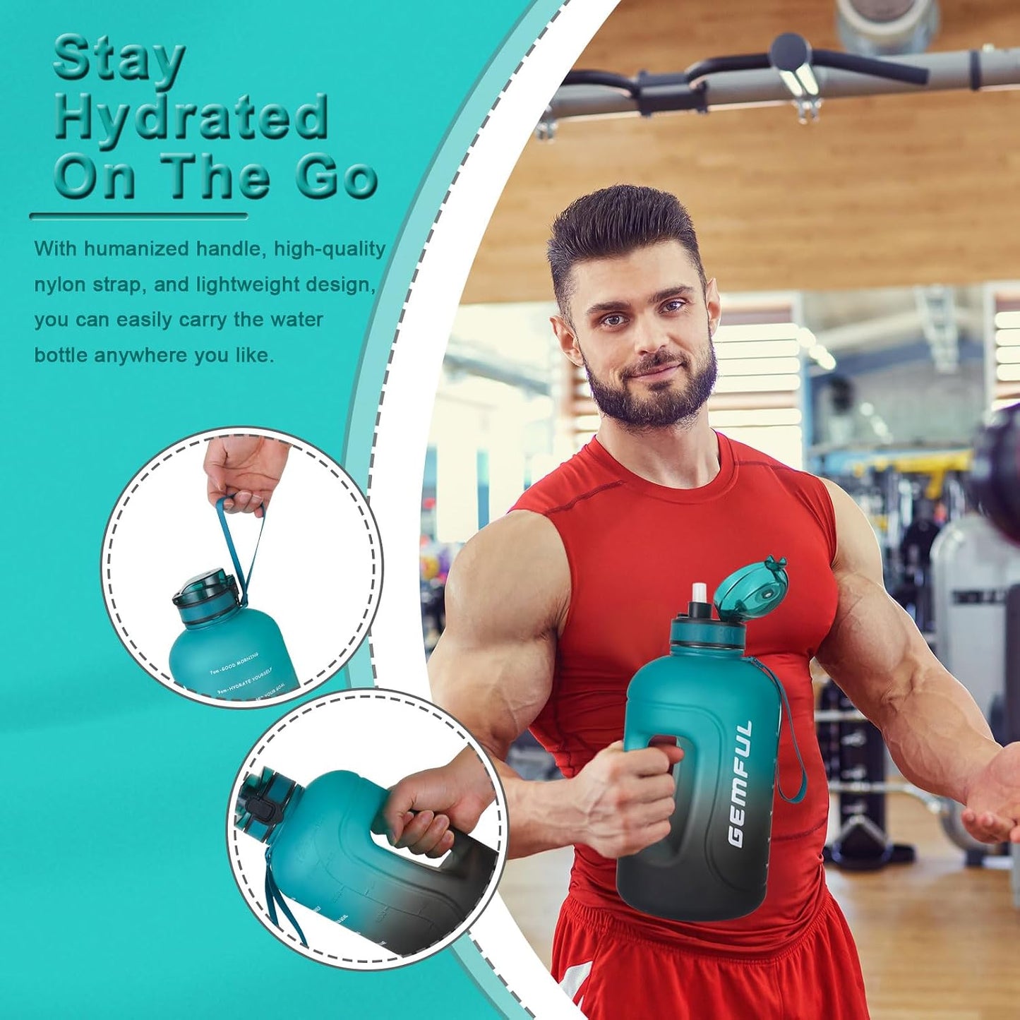 GEMFUL 3L Water Bottle with Measurements & Straw 100oz Leakproof Jug (Grey) | BPA Free, Time Marker, Wide Mouth, Sturdy Handle for Carry, for Gym, Fitness, Hiking, Office, Wome, Men