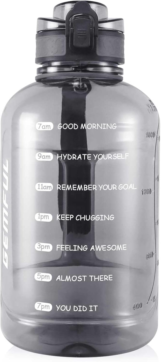 GEMFUL 3L Water Bottle with Measurements & Straw 100oz Leakproof Jug (Grey) | BPA Free, Time Marker, Wide Mouth, Sturdy Handle for Carry, for Gym, Fitness, Hiking, Office, Wome, Men