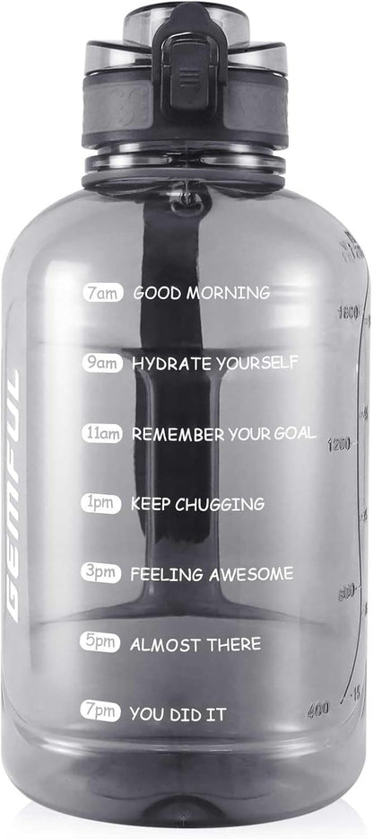 GEMFUL 3L Water Bottle with Measurements & Straw 100oz Leakproof Jug (Grey) | BPA Free, Time Marker, Wide Mouth, Sturdy Handle for Carry, for Gym, Fitness, Hiking, Office, Wome, Men