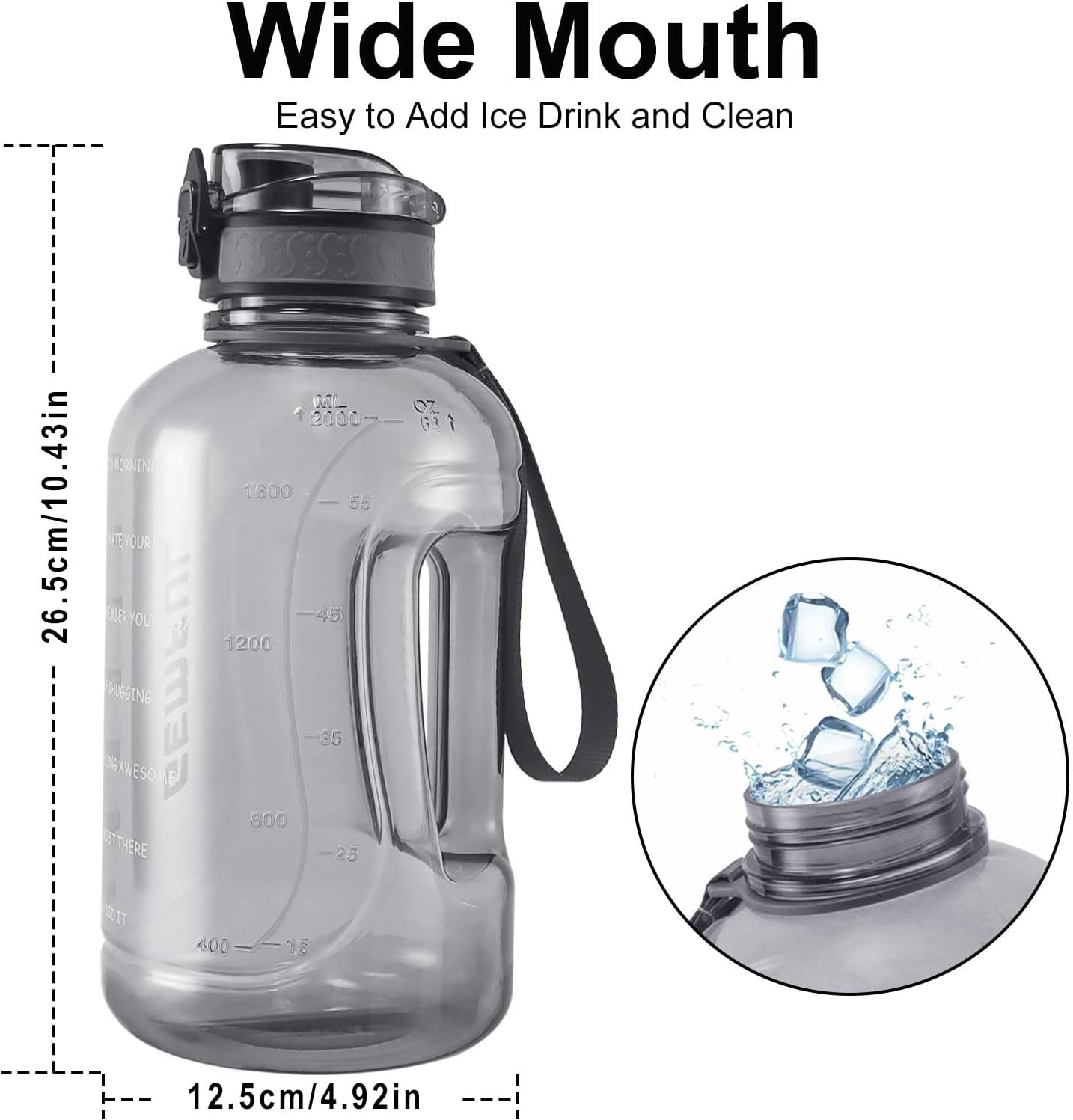 GEMFUL 3L Water Bottle with Measurements & Straw 100oz Leakproof Jug (Grey) | BPA Free, Time Marker, Wide Mouth, Sturdy Handle for Carry, for Gym, Fitness, Hiking, Office, Wome, Men