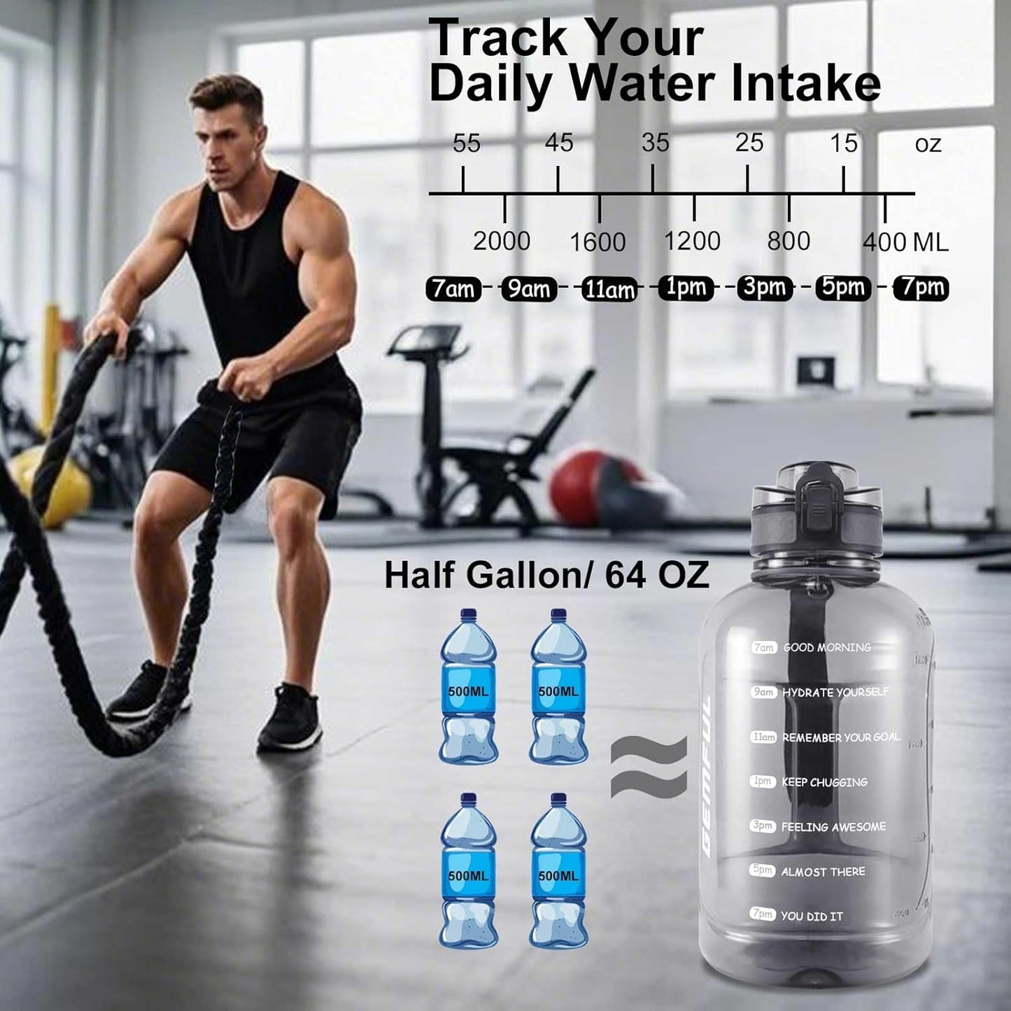 GEMFUL 3L Water Bottle with Measurements & Straw 100oz Leakproof Jug (Grey) | BPA Free, Time Marker, Wide Mouth, Sturdy Handle for Carry, for Gym, Fitness, Hiking, Office, Wome, Men