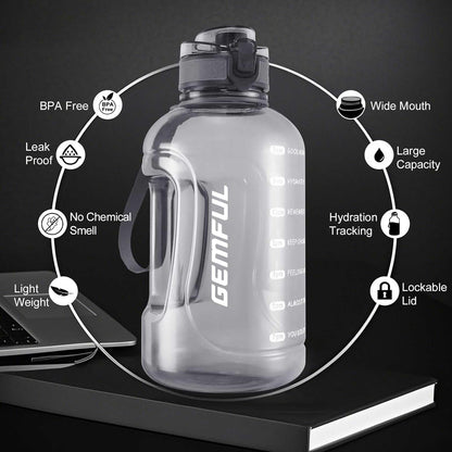 GEMFUL 3L Water Bottle with Measurements & Straw 100oz Leakproof Jug (Grey) | BPA Free, Time Marker, Wide Mouth, Sturdy Handle for Carry, for Gym, Fitness, Hiking, Office, Wome, Men