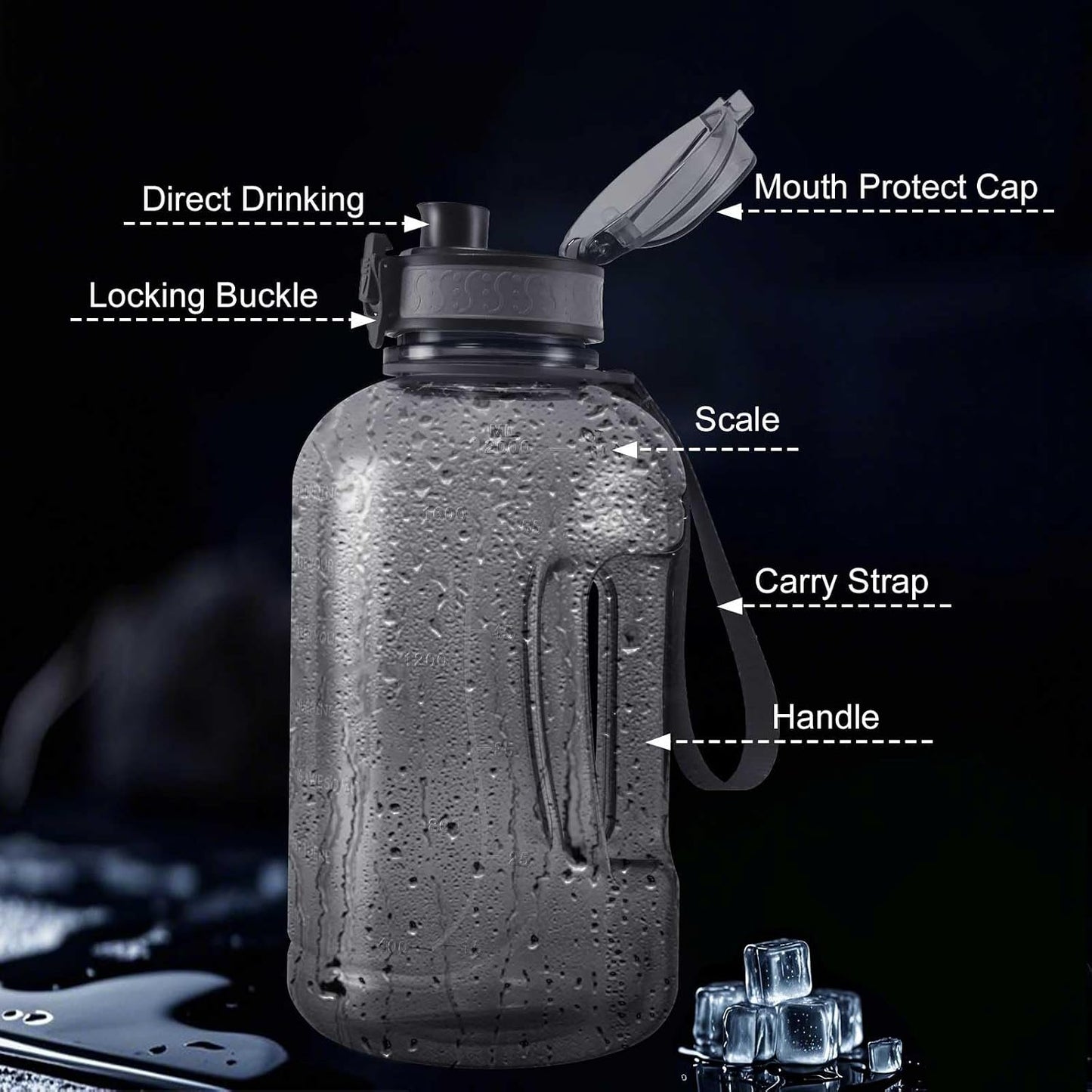 GEMFUL 3L Water Bottle with Measurements & Straw 100oz Leakproof Jug (Grey) | BPA Free, Time Marker, Wide Mouth, Sturdy Handle for Carry, for Gym, Fitness, Hiking, Office, Wome, Men