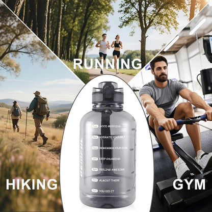 GEMFUL 3L Water Bottle with Measurements & Straw 100oz Leakproof Jug (Grey) | BPA Free, Time Marker, Wide Mouth, Sturdy Handle for Carry, for Gym, Fitness, Hiking, Office, Wome, Men