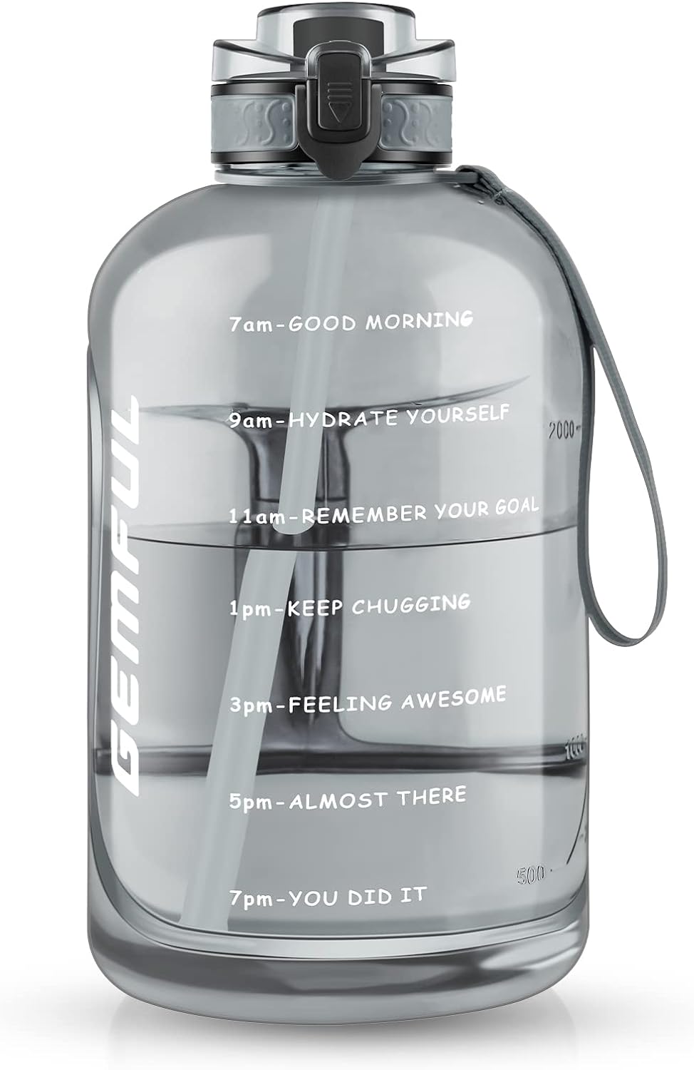 GEMFUL 3L Water Bottle with Measurements & Straw 100oz Leakproof Jug (Grey) | BPA Free, Time Marker, Wide Mouth, Sturdy Handle for Carry, for Gym, Fitness, Hiking, Office, Wome, Men