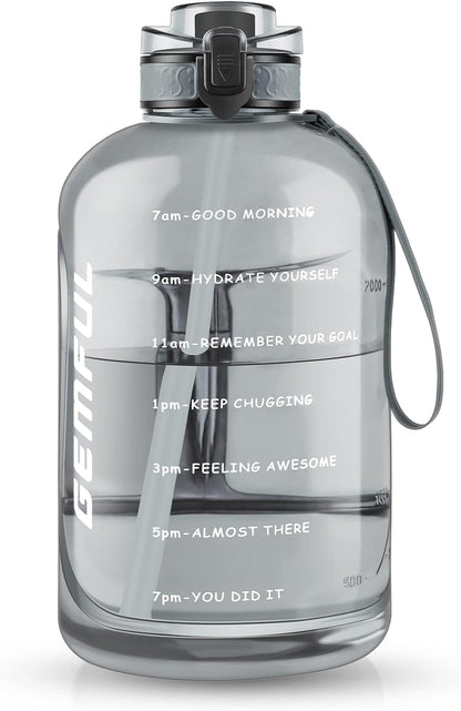 GEMFUL 3L Water Bottle with Measurements & Straw 100oz Leakproof Jug (Grey) | BPA Free, Time Marker, Wide Mouth, Sturdy Handle for Carry, for Gym, Fitness, Hiking, Office, Wome, Men