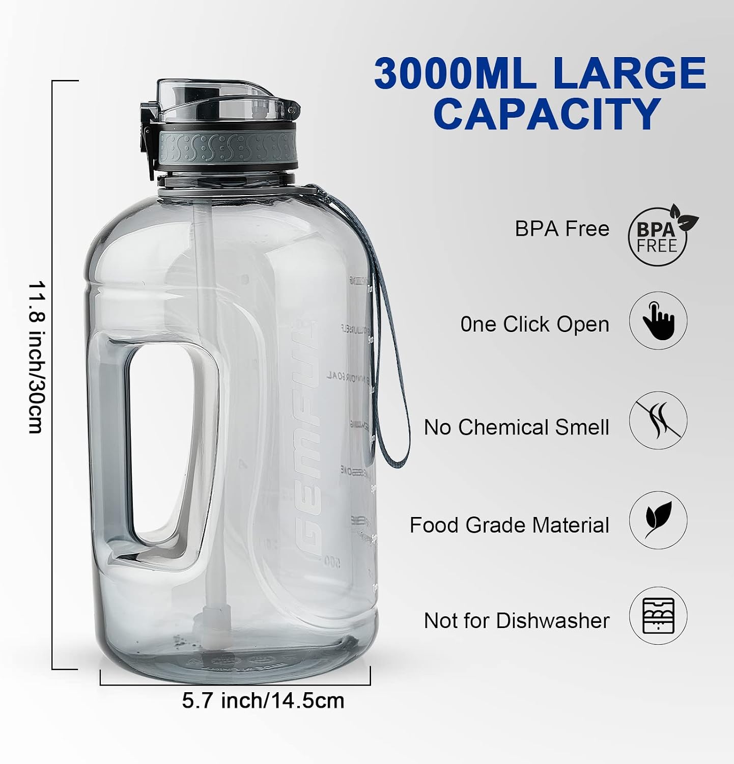 GEMFUL 3L Water Bottle with Measurements & Straw 100oz Leakproof Jug (Grey) | BPA Free, Time Marker, Wide Mouth, Sturdy Handle for Carry, for Gym, Fitness, Hiking, Office, Wome, Men