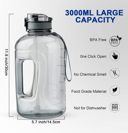 GEMFUL 3L Water Bottle with Measurements & Straw 100oz Leakproof Jug (Grey) | BPA Free, Time Marker, Wide Mouth, Sturdy Handle for Carry, for Gym, Fitness, Hiking, Office, Wome, Men
