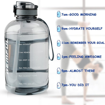 GEMFUL 3L Water Bottle with Measurements & Straw 100oz Leakproof Jug (Grey) | BPA Free, Time Marker, Wide Mouth, Sturdy Handle for Carry, for Gym, Fitness, Hiking, Office, Wome, Men