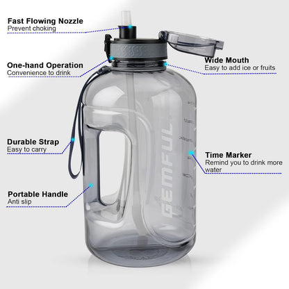 GEMFUL 3L Water Bottle with Measurements & Straw 100oz Leakproof Jug (Grey) | BPA Free, Time Marker, Wide Mouth, Sturdy Handle for Carry, for Gym, Fitness, Hiking, Office, Wome, Men