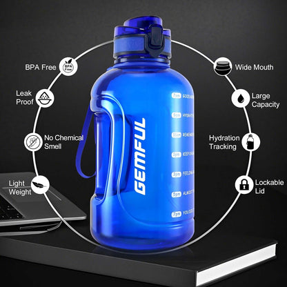 GEMFUL 3L Water Bottle with Measurements & Straw 100oz Leakproof Jug (Grey) | BPA Free, Time Marker, Wide Mouth, Sturdy Handle for Carry, for Gym, Fitness, Hiking, Office, Wome, Men