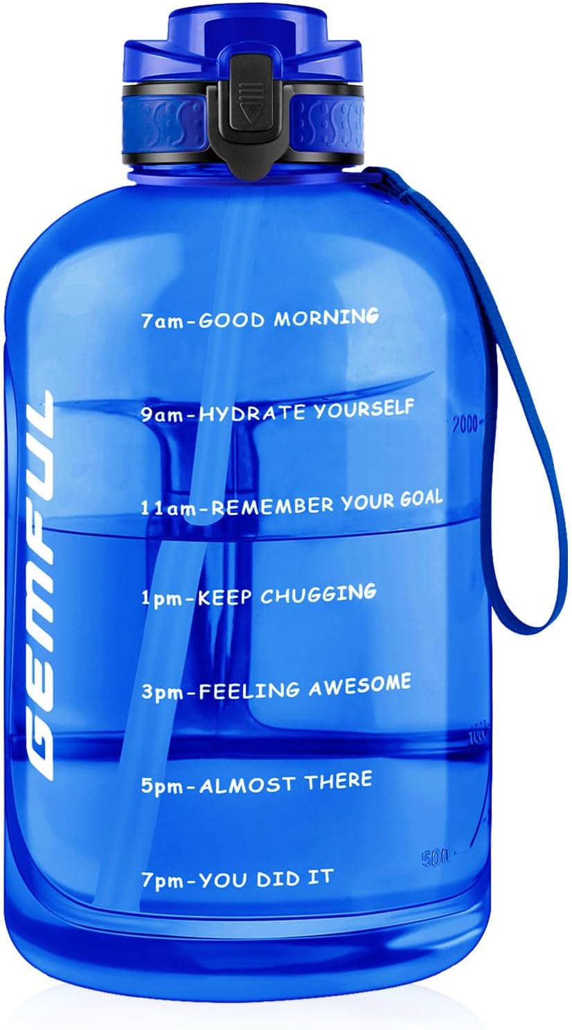 GEMFUL 3L Water Bottle with Measurements & Straw 100oz Leakproof Jug (Grey) | BPA Free, Time Marker, Wide Mouth, Sturdy Handle for Carry, for Gym, Fitness, Hiking, Office, Wome, Men
