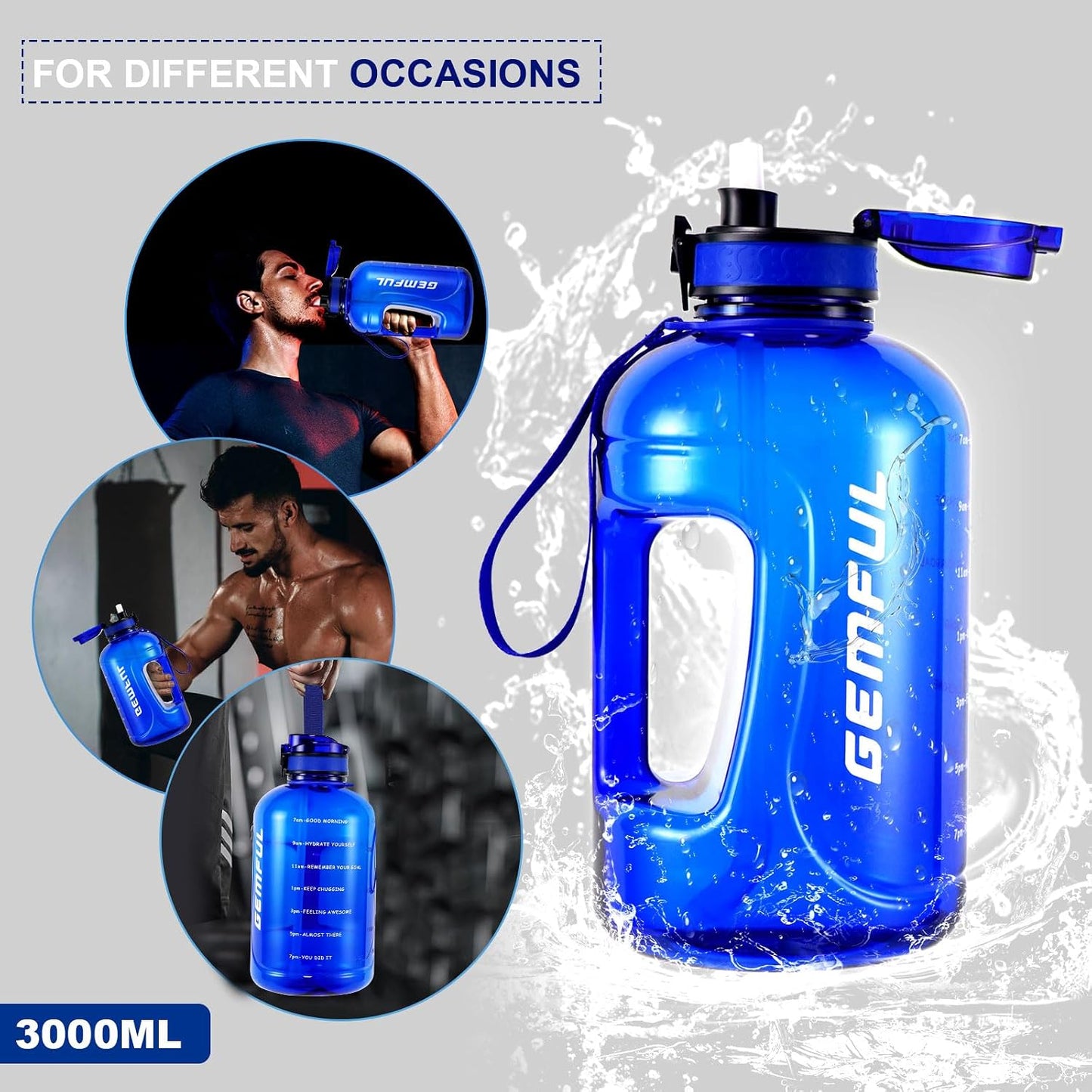 GEMFUL 3L Water Bottle with Measurements & Straw 100oz Leakproof Jug (Grey) | BPA Free, Time Marker, Wide Mouth, Sturdy Handle for Carry, for Gym, Fitness, Hiking, Office, Wome, Men