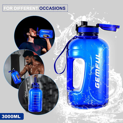 GEMFUL 3L Water Bottle with Measurements & Straw 100oz Leakproof Jug (Grey) | BPA Free, Time Marker, Wide Mouth, Sturdy Handle for Carry, for Gym, Fitness, Hiking, Office, Wome, Men