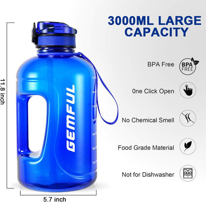 GEMFUL 3L Water Bottle with Measurements & Straw 100oz Leakproof Jug (Grey) | BPA Free, Time Marker, Wide Mouth, Sturdy Handle for Carry, for Gym, Fitness, Hiking, Office, Wome, Men