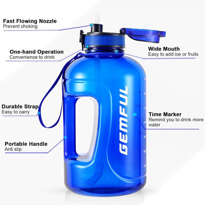 GEMFUL 3L Water Bottle with Measurements & Straw 100oz Leakproof Jug (Grey) | BPA Free, Time Marker, Wide Mouth, Sturdy Handle for Carry, for Gym, Fitness, Hiking, Office, Wome, Men