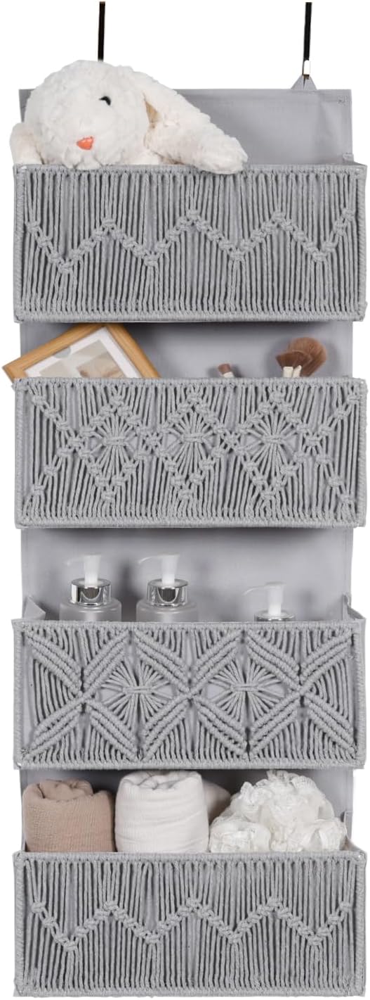Macrame Over the Door Organizer with 4 Large Pockets, Boho Nursery Storage and Baby Door Organizer for Diapers, Wipes, Toys, Bathroom, Grey