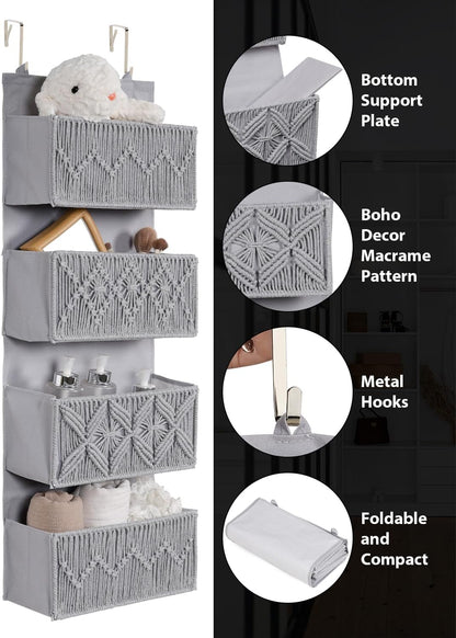 Macrame Over the Door Organizer with 4 Large Pockets, Boho Nursery Storage and Baby Door Organizer for Diapers, Wipes, Toys, Bathroom, Grey