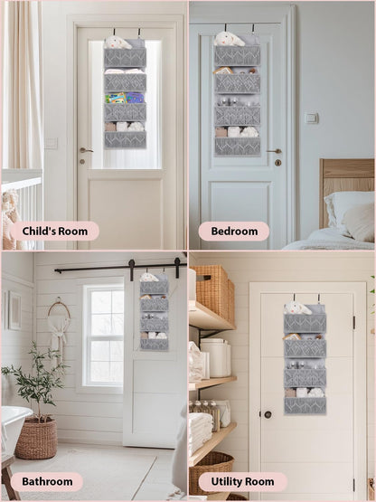 Macrame Over the Door Organizer with 4 Large Pockets, Boho Nursery Storage and Baby Door Organizer for Diapers, Wipes, Toys, Bathroom, Grey