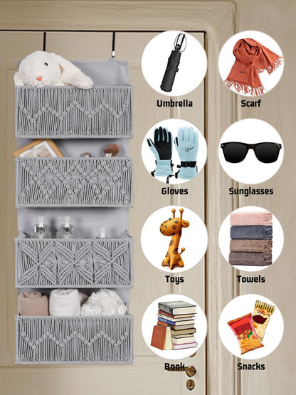 Macrame Over the Door Organizer with 4 Large Pockets, Boho Nursery Storage and Baby Door Organizer for Diapers, Wipes, Toys, Bathroom, Grey