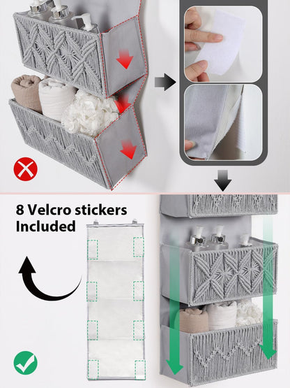 Macrame Over the Door Organizer with 4 Large Pockets, Boho Nursery Storage and Baby Door Organizer for Diapers, Wipes, Toys, Bathroom, Grey
