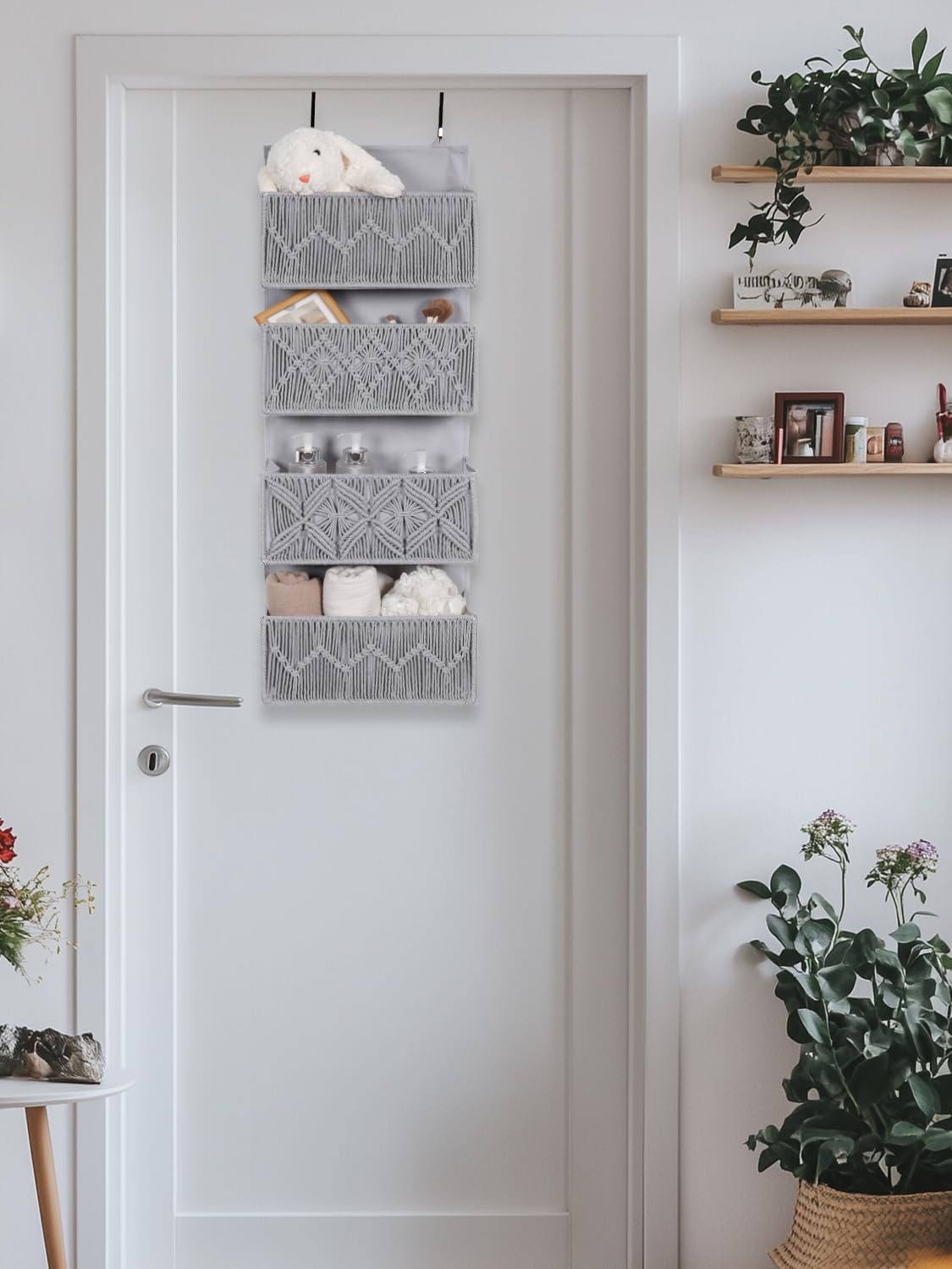 Macrame Over the Door Organizer with 4 Large Pockets, Boho Nursery Storage and Baby Door Organizer for Diapers, Wipes, Toys, Bathroom, Grey