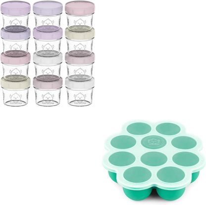 12-Pack Baby Food Glass Containers and Silicone Baby Food Freezer Tray with Clip-on Lid - 4 oz Leak-Proof, Microwavable, Baby Food Storage Container - Breast Milk Trays for Freezer