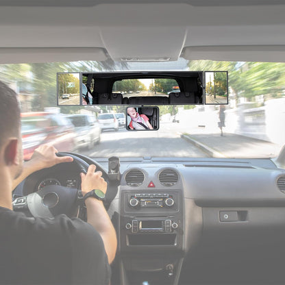15" Rear View Mirror with Baby Mirror,Car Panoramic Rearview Mirrors Extender,Clip on Large Wide Angle Rear View Mirror for Truck Car and SUV (White)