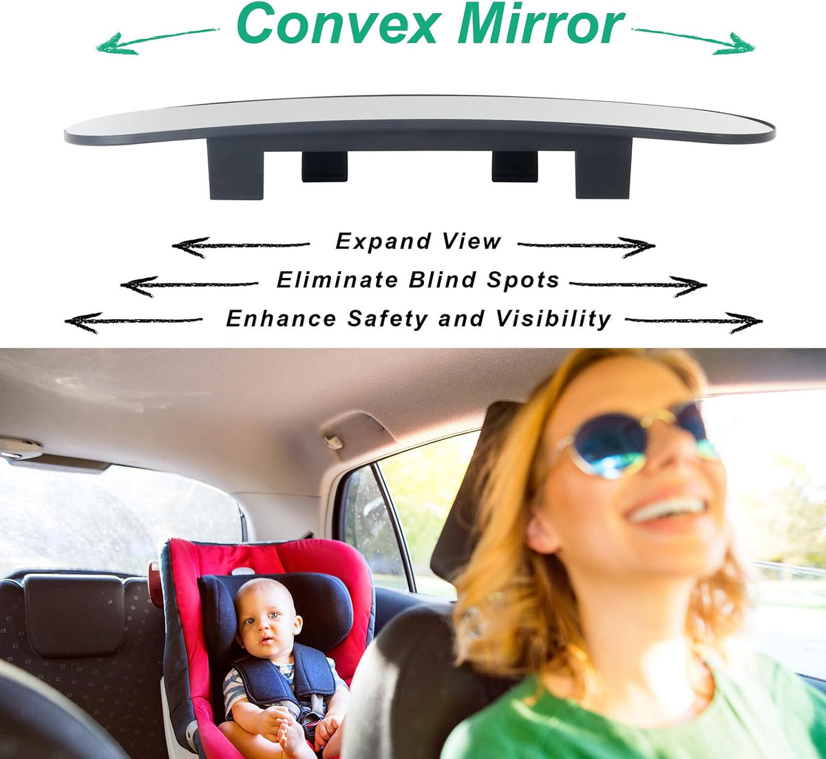 15" Rear View Mirror with Baby Mirror,Car Panoramic Rearview Mirrors Extender,Clip on Large Wide Angle Rear View Mirror for Truck Car and SUV (White)