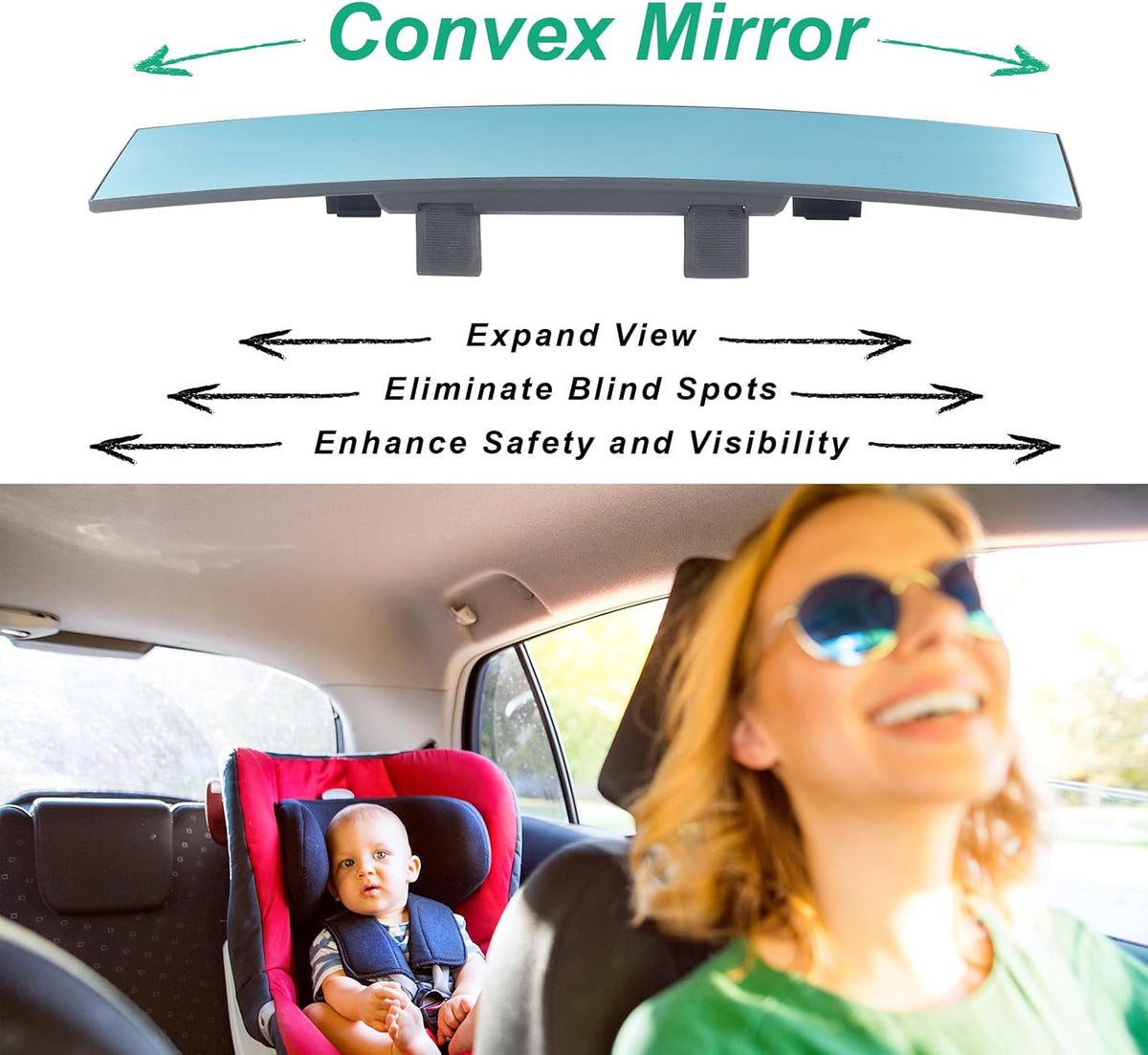 15" Rear View Mirror with Baby Mirror,Car Panoramic Rearview Mirrors Extender,Clip on Large Wide Angle Rear View Mirror for Truck Car and SUV (White)