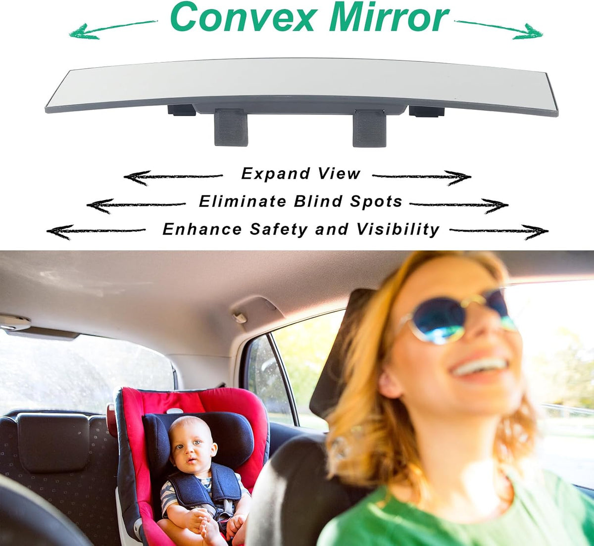 15" Rear View Mirror with Baby Mirror,Car Panoramic Rearview Mirrors Extender,Clip on Large Wide Angle Rear View Mirror for Truck Car and SUV (White)