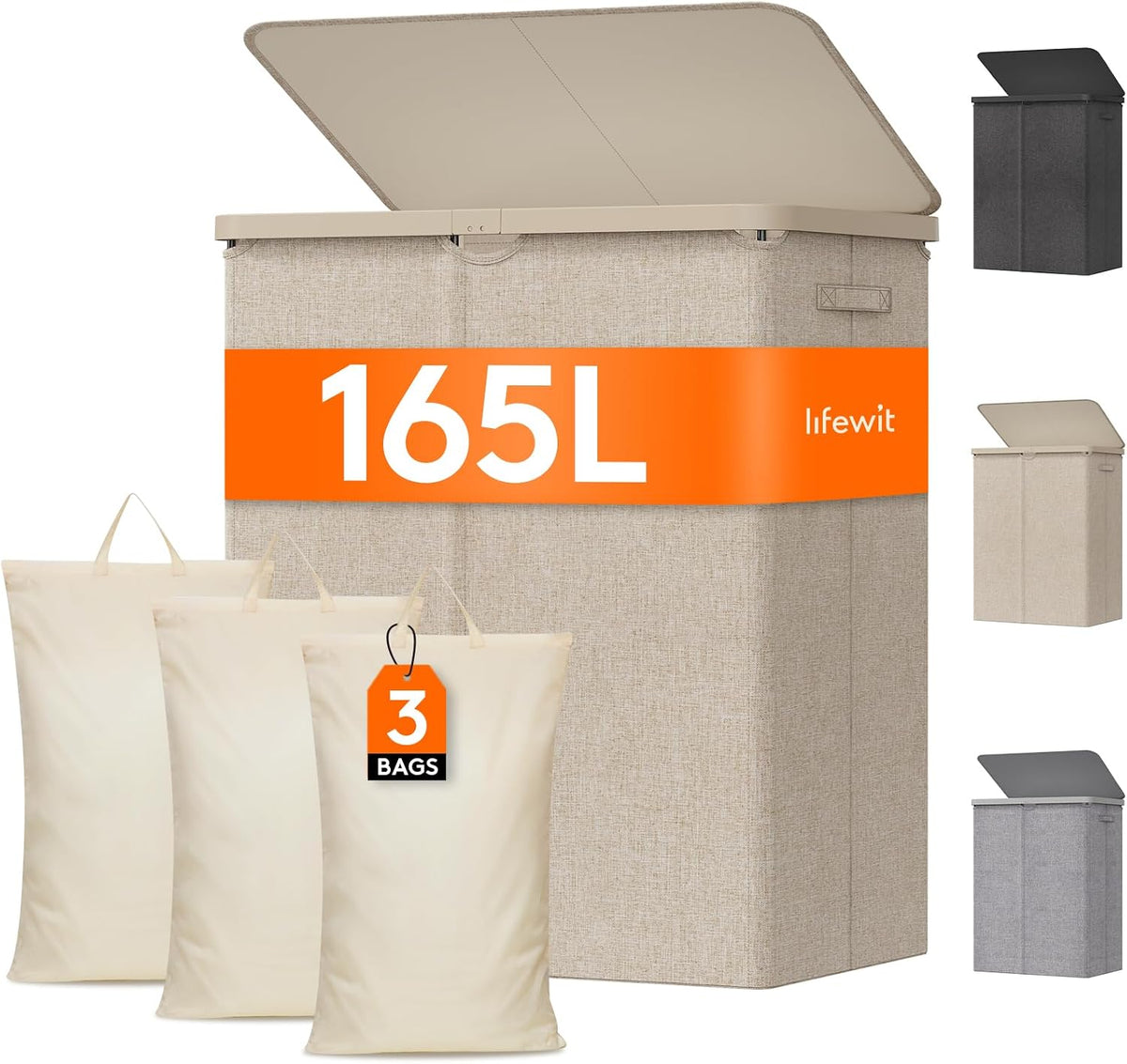 165L Large Laundry Basket with Lid, Laundry Hamper with Plastic Handles and Removable Bag, Foldable Tall Dirty Clothes Hampers for Laundry for Laundry Room, Bedroom, Bathroom, Dorm, Beige