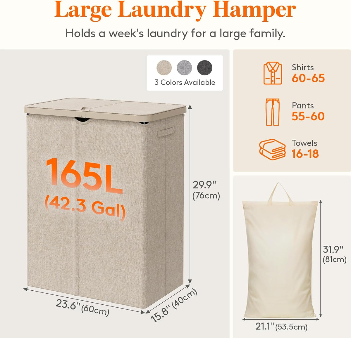 165L Large Laundry Basket with Lid, Laundry Hamper with Plastic Handles and Removable Bag, Foldable Tall Dirty Clothes Hampers for Laundry for Laundry Room, Bedroom, Bathroom, Dorm, Beige