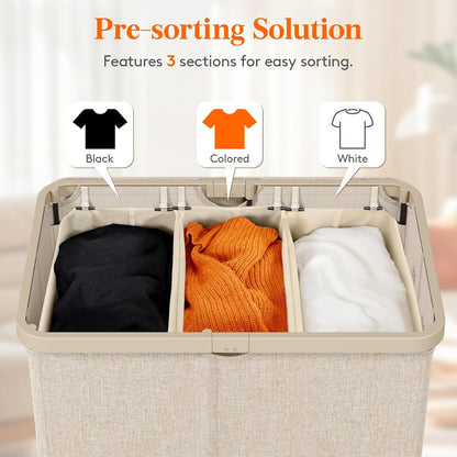 165L Large Laundry Basket with Lid, Laundry Hamper with Plastic Handles and Removable Bag, Foldable Tall Dirty Clothes Hampers for Laundry for Laundry Room, Bedroom, Bathroom, Dorm, Beige