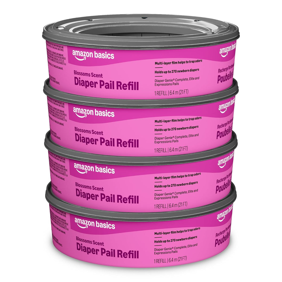 Amazon Brand - Mama Bear Blossoms Scented Diaper Pail Refills for Diaper Genie Pails, Odor Control, 1080 Count (4 Packs of 270 Count), Compatible with Diaper Genie Complete, Elite & Expressions Pails