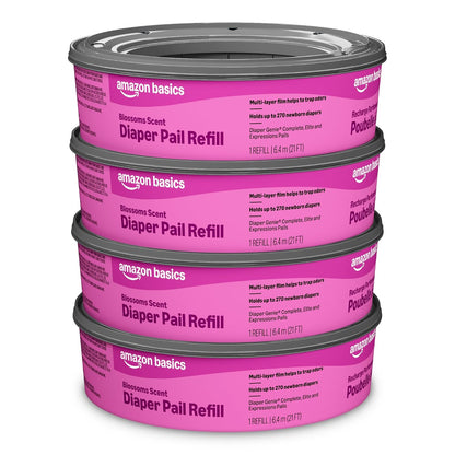 Amazon Brand - Mama Bear Blossoms Scented Diaper Pail Refills for Diaper Genie Pails, Odor Control, 1080 Count (4 Packs of 270 Count), Compatible with Diaper Genie Complete, Elite & Expressions Pails