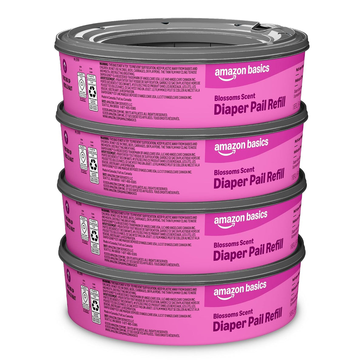 Amazon Brand - Mama Bear Blossoms Scented Diaper Pail Refills for Diaper Genie Pails, Odor Control, 1080 Count (4 Packs of 270 Count), Compatible with Diaper Genie Complete, Elite & Expressions Pails