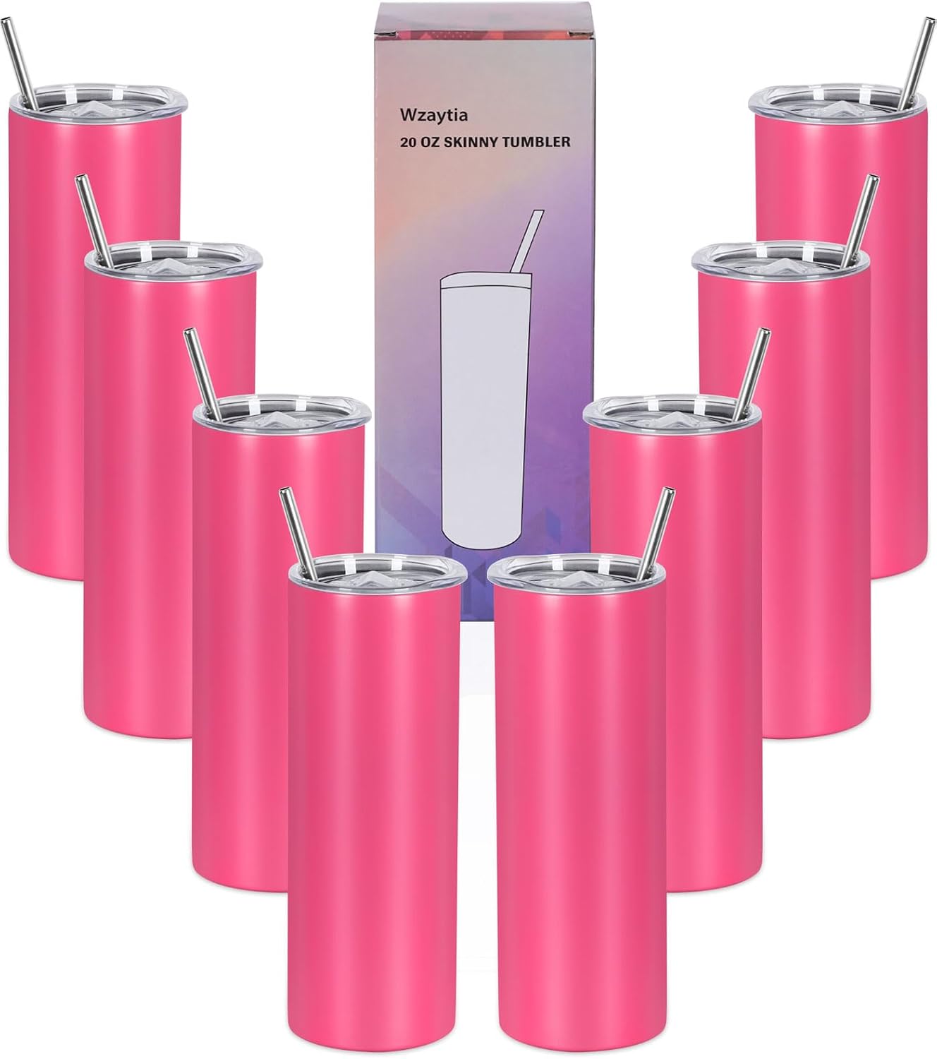 8 Pack 20 Oz Straight Skinny Tumblers, Individually Gift Boxed Stainless Steel Slim Skinny Tumbler Set Bulk, 20 Oz Insulated Slim Thin Travel Tumbler Cup for Diy, Silver