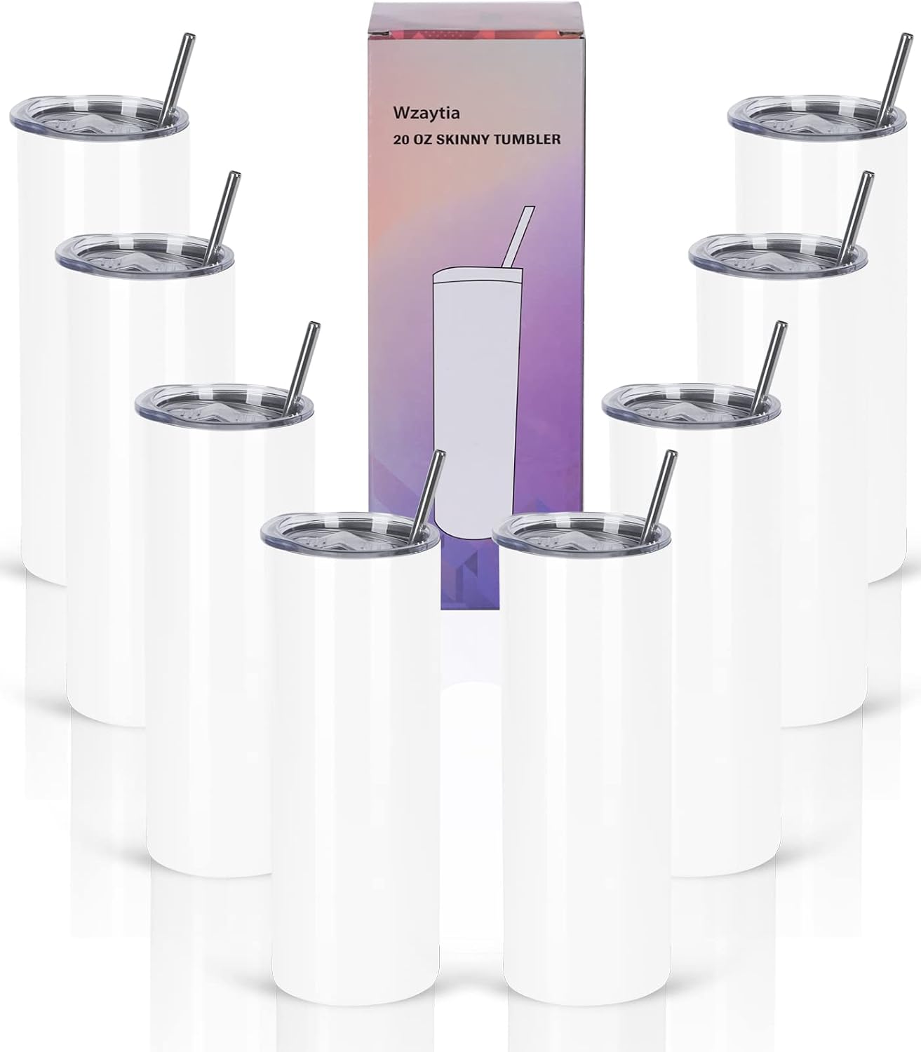 8 Pack 20 Oz Straight Skinny Tumblers, Individually Gift Boxed Stainless Steel Slim Skinny Tumbler Set Bulk, 20 Oz Insulated Slim Thin Travel Tumbler Cup for Diy, Silver