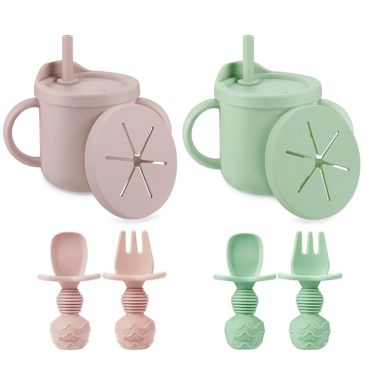 2 Pack Silicone Baby Straw & Snack Cup with 2 Spoons 2 Forks, Dual-Purpose Toddler Training Cups, Pink Green