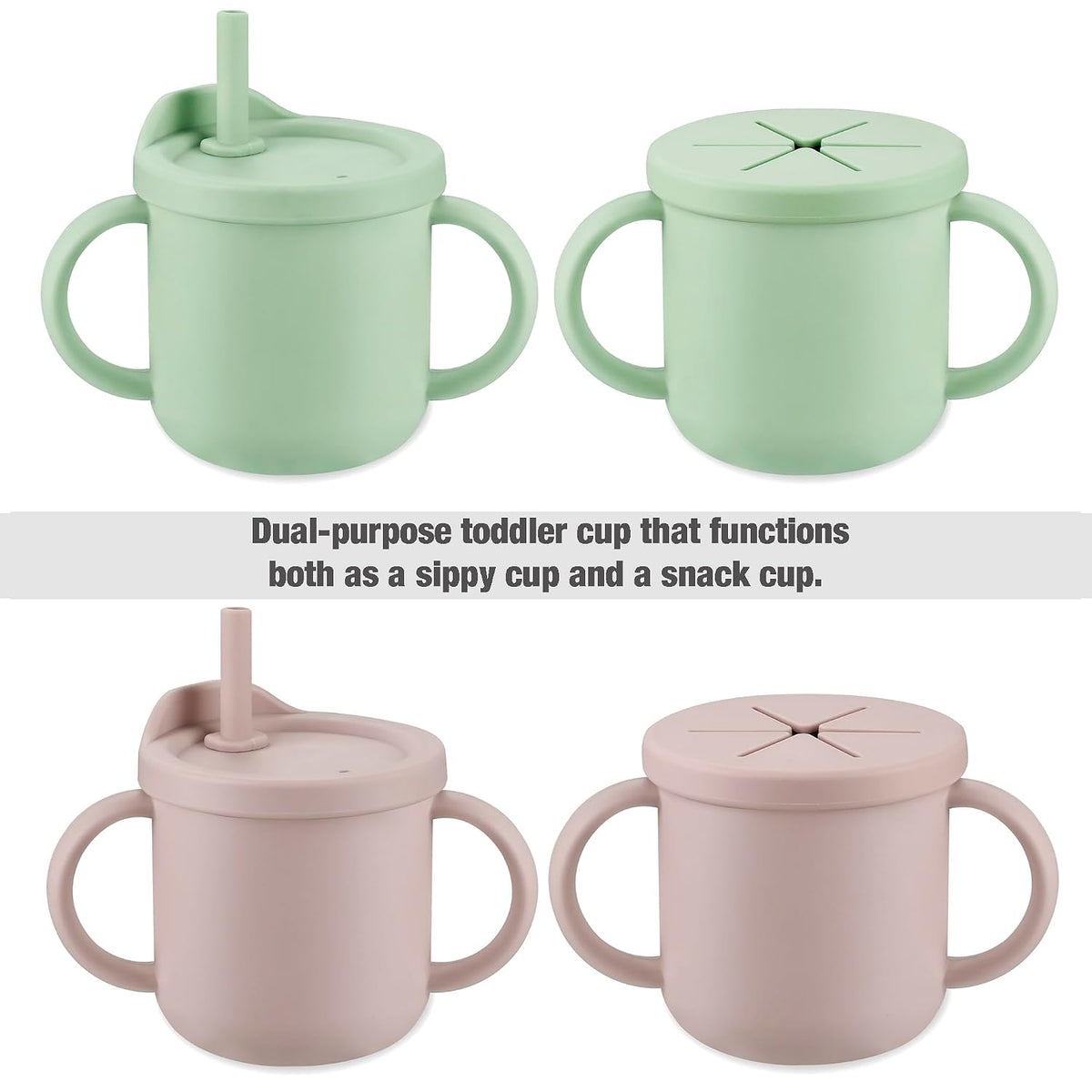 2 Pack Silicone Baby Straw & Snack Cup with 2 Spoons 2 Forks, Dual-Purpose Toddler Training Cups, Pink Green