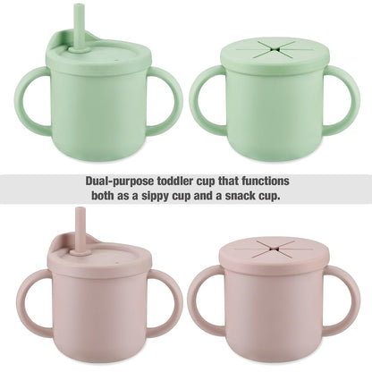 2 Pack Silicone Baby Straw & Snack Cup with 2 Spoons 2 Forks, Dual-Purpose Toddler Training Cups, Pink Green