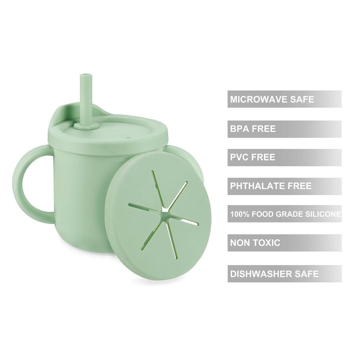 2 Pack Silicone Baby Straw & Snack Cup with 2 Spoons 2 Forks, Dual-Purpose Toddler Training Cups, Pink Green