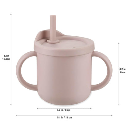 2 Pack Silicone Baby Straw & Snack Cup with 2 Spoons 2 Forks, Dual-Purpose Toddler Training Cups, Pink Green