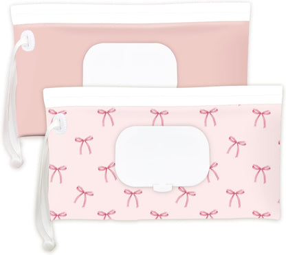 Wipe Dispenser and Wipes Container, 2 Pack Reusable Wipes Holder and Travel Wipes Case, Refillable Pouch for Baby Essentials, blush& bow Design (Blush)