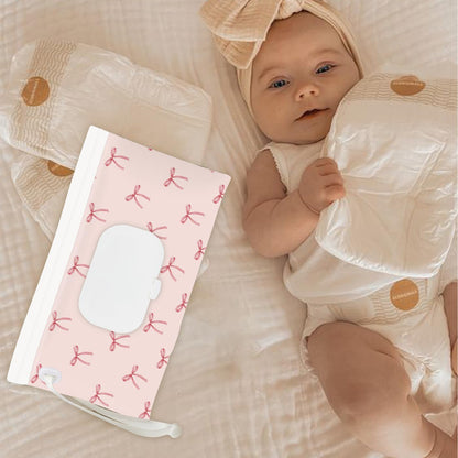 Wipe Dispenser and Wipes Container, 2 Pack Reusable Wipes Holder and Travel Wipes Case, Refillable Pouch for Baby Essentials, blush& bow Design (Blush)