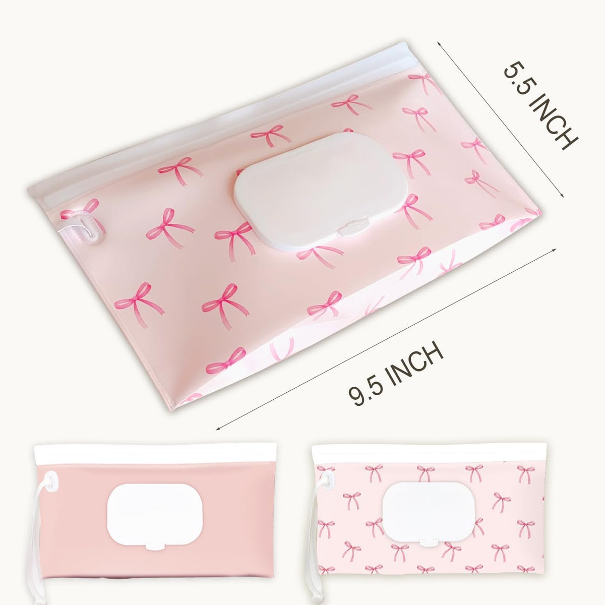 Wipe Dispenser and Wipes Container, 2 Pack Reusable Wipes Holder and Travel Wipes Case, Refillable Pouch for Baby Essentials, blush& bow Design (Blush)